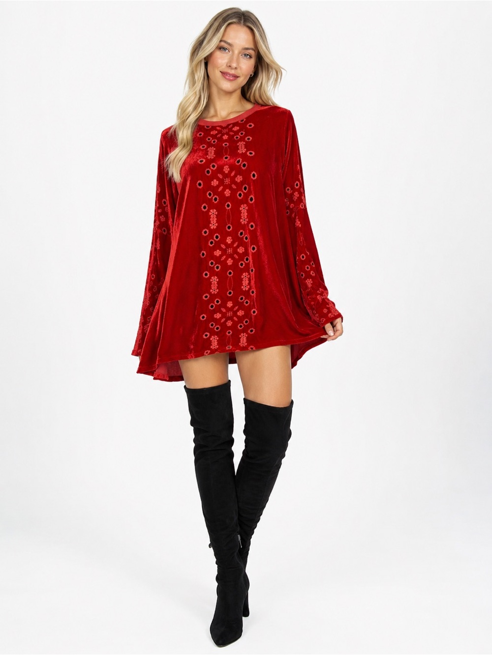 Johnny Was Velvet Embroidered Eyelet Tunic Top Red Silk Blend Long Sleeve Large